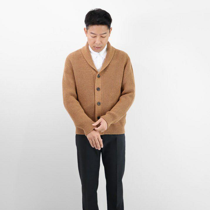 カシミヤ100％メンズ畦編みショールカラーカーディガン | Milestone